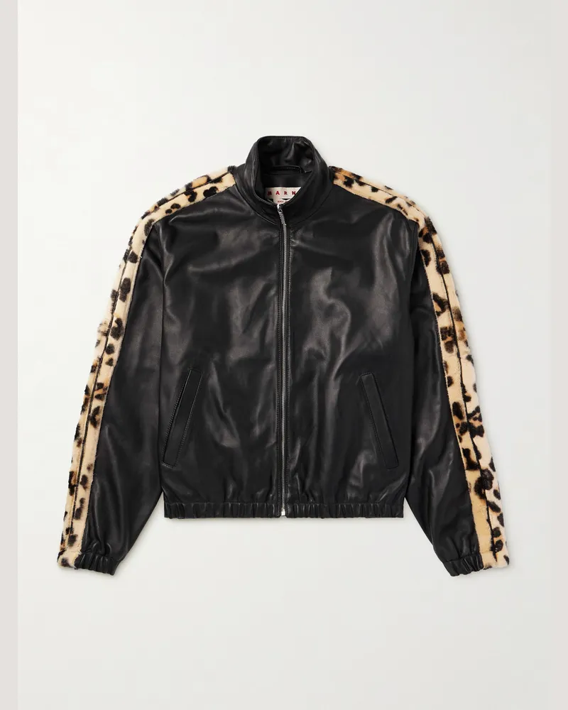Marni Leopard-Print Faux Fur-Trimmed Leather Jacket Black