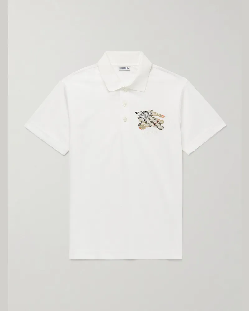 Burberry Logo-Embroidered Appliquéd Cotton-Piqué Polo Shirt White