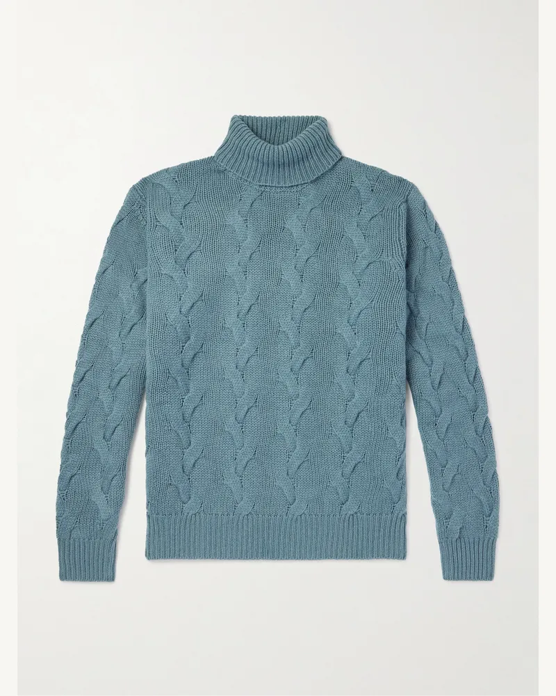 Thom Sweeney Rollkragenpullover aus Kaschmir in Zopfstrick Blau