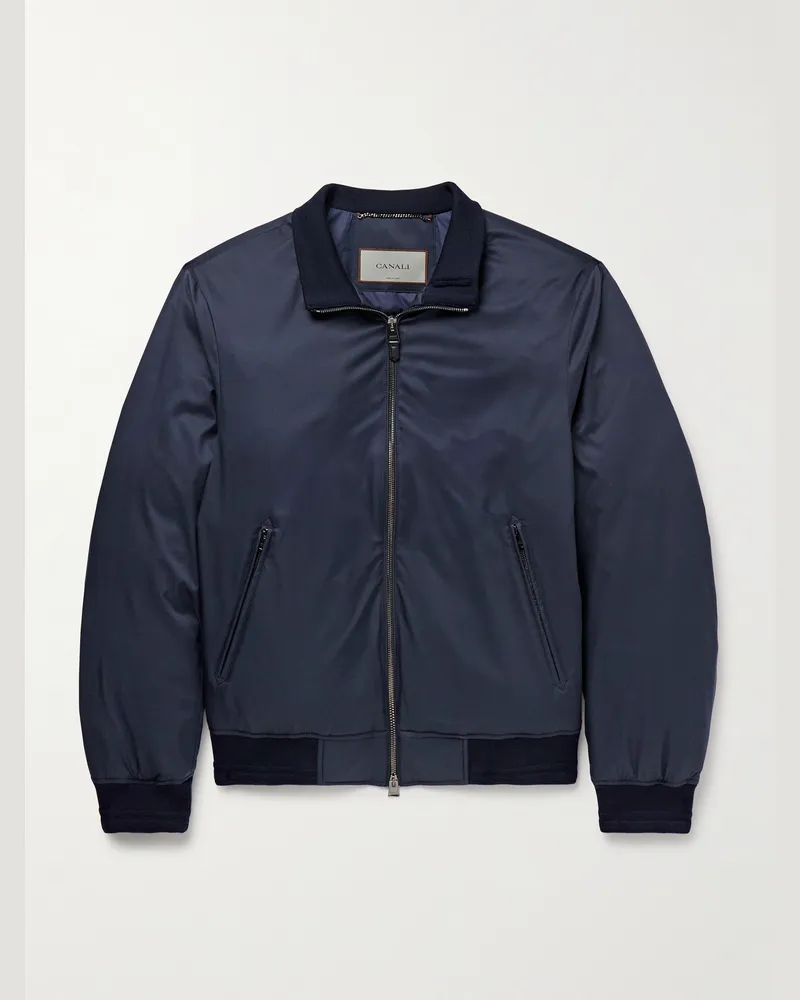 Canali Leather-Trimmed Shell Down Bomber Jacket Blue