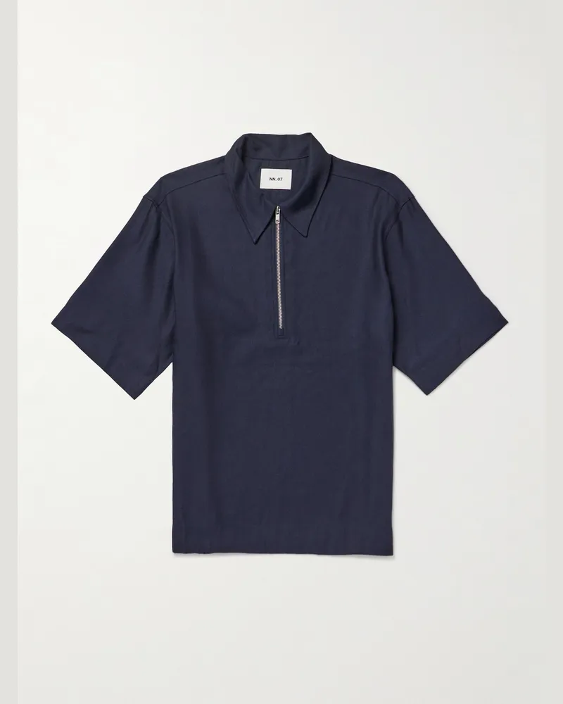 NN 07 Bruno 1808 Polohemd aus einer Mischung aus LENZING™ ECOVERO™ und Leinen mit kurzem Reißverschluss Blau
