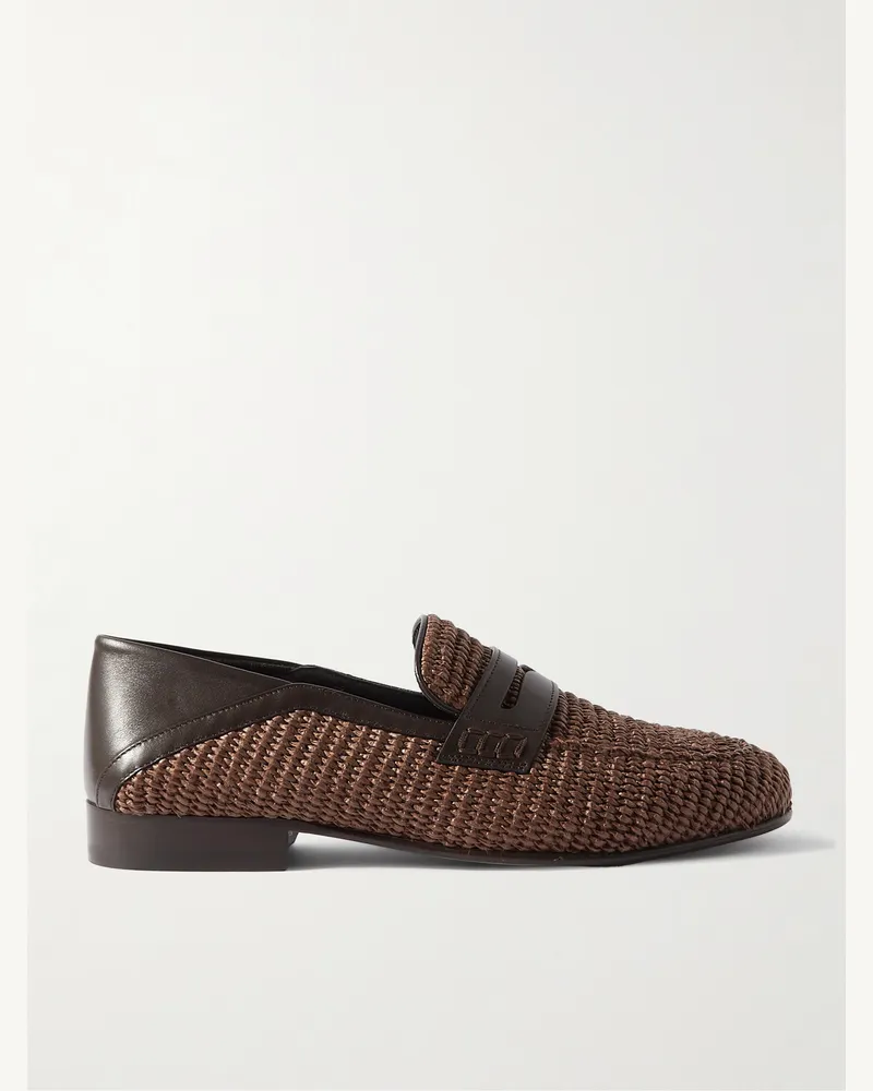 Manolo Blahnik Padstow Leather-Trimmed Raffia Loafers Brown