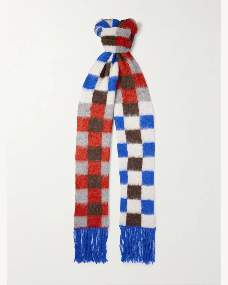 The Elder Statesman Thistle Fringed Checked Brushed Alpaca-Blend Scarf Blue