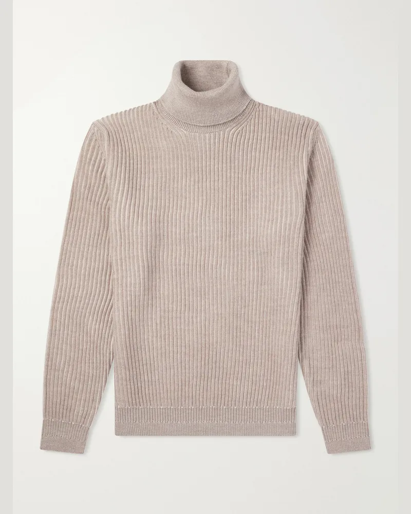 Slowear Ribbed Virgin Wool Rollneck Sweater Neutrals