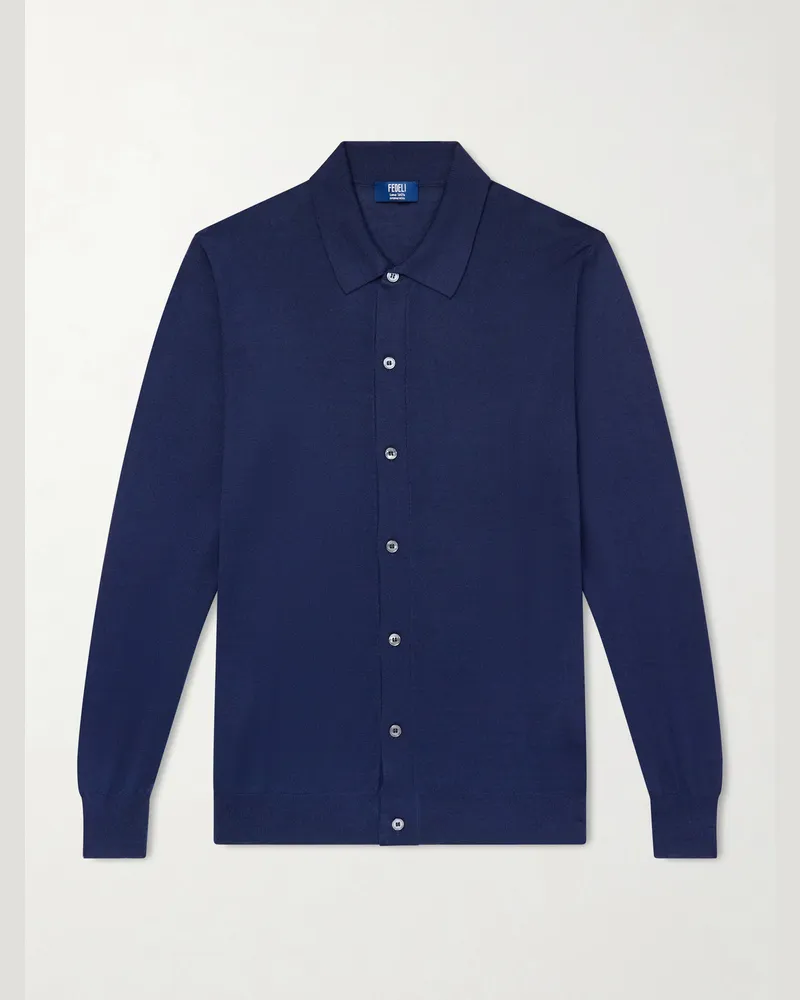 Fedeli Knitted Wool Polo Shirt Blue