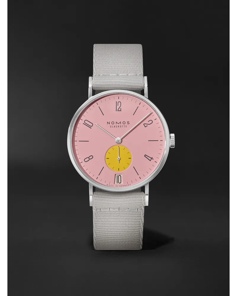 NOMOS Glashütte Tangente 38 Date Bubblegum – Mm Uhr Aus Edelstahl Mit Handaufzug Und Textilarmband In Limitierter Auflage Ref. Nr.: 179.S7 Pink