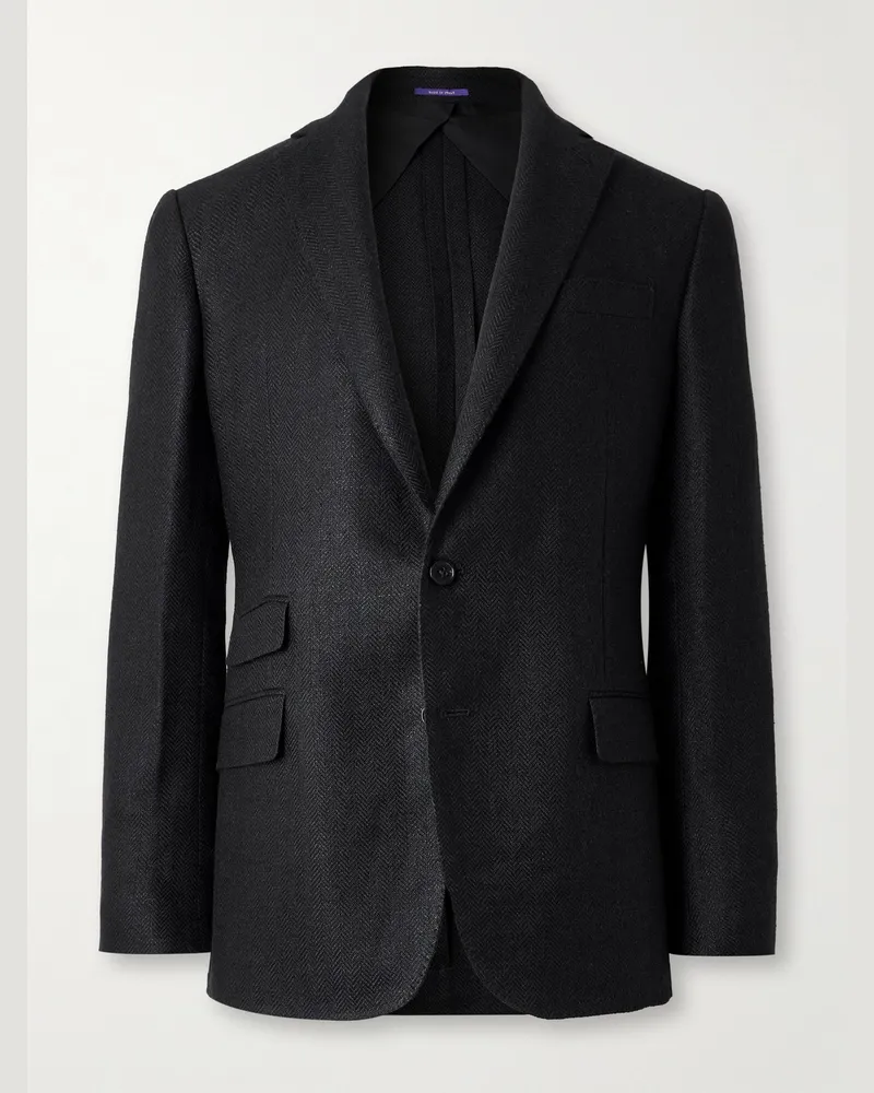 Ralph Lauren Kent Sakko aus einer Mischung aus Leinen, Seide und Baumwolle mit Fischgratmuster Schwarz