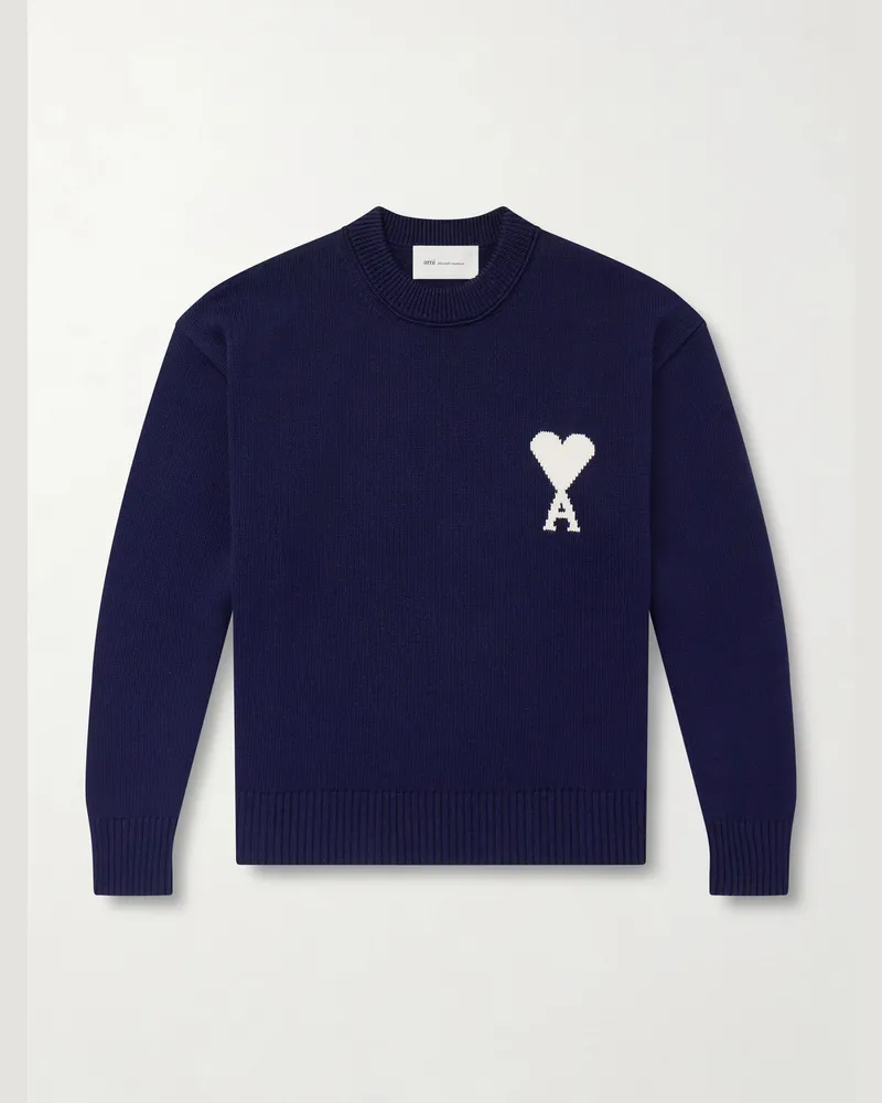 AMI Paris Logo-Intarsia Virgin and Cotton-Blend Sweater Blue