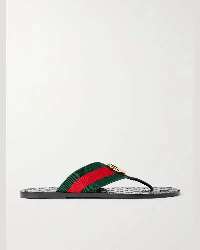 Gucci Riviera Logo-Embellished Striped Webbing-Trimmed Leather Sandals Black