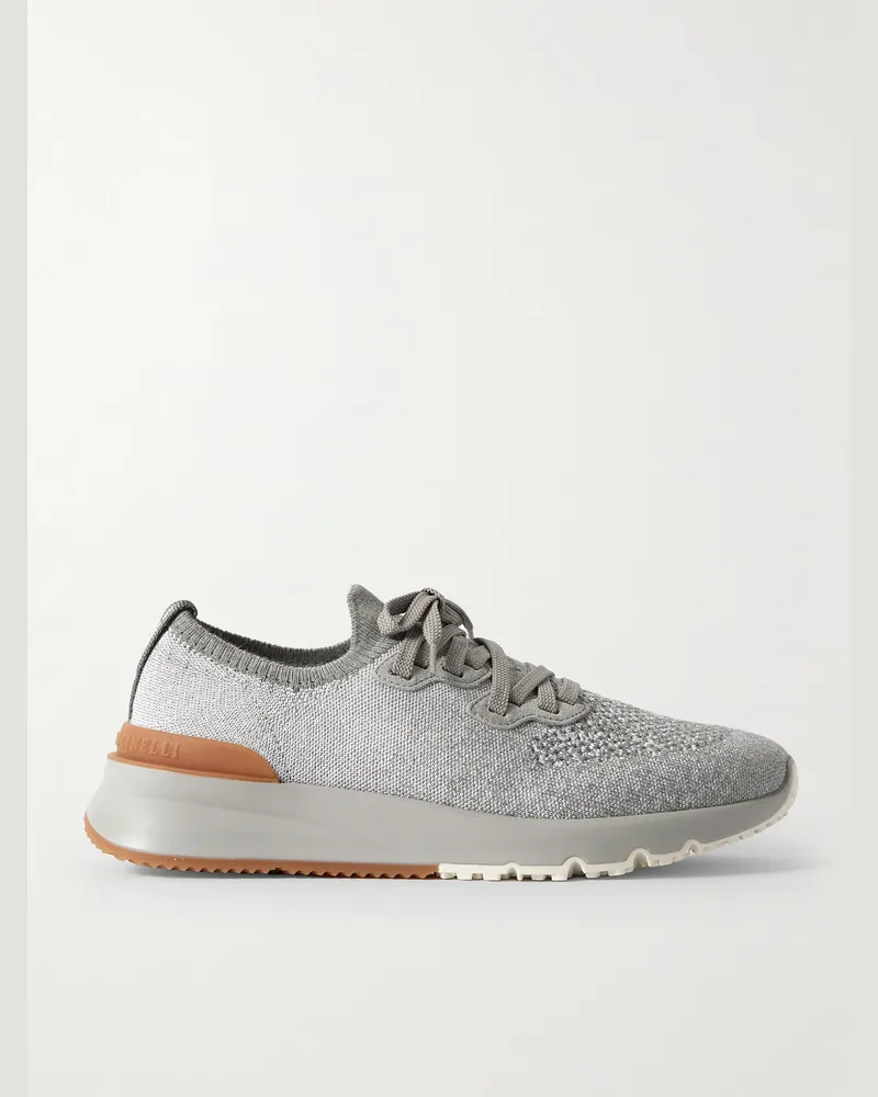 Brunello Cucinelli Sneakers aus Stretch-Strick mit Velourslederbesatz Grau