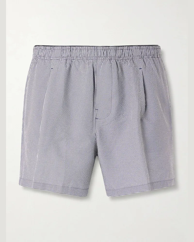 Our Legacy Boxer Trunk Straight-Leg Mid-Length Checked Seersucker Swim Shorts Gray
