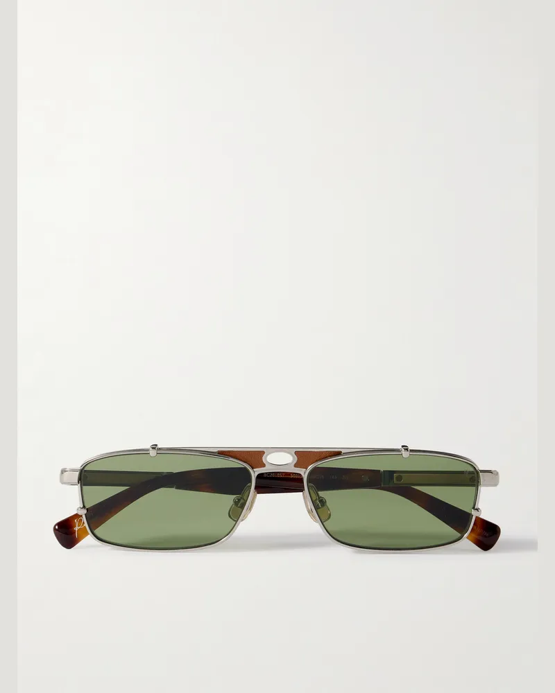 Brunello Cucinelli Tex silberfarbene Sonnenbrille mit eckigem Rahmen und Lederbesatz Silber