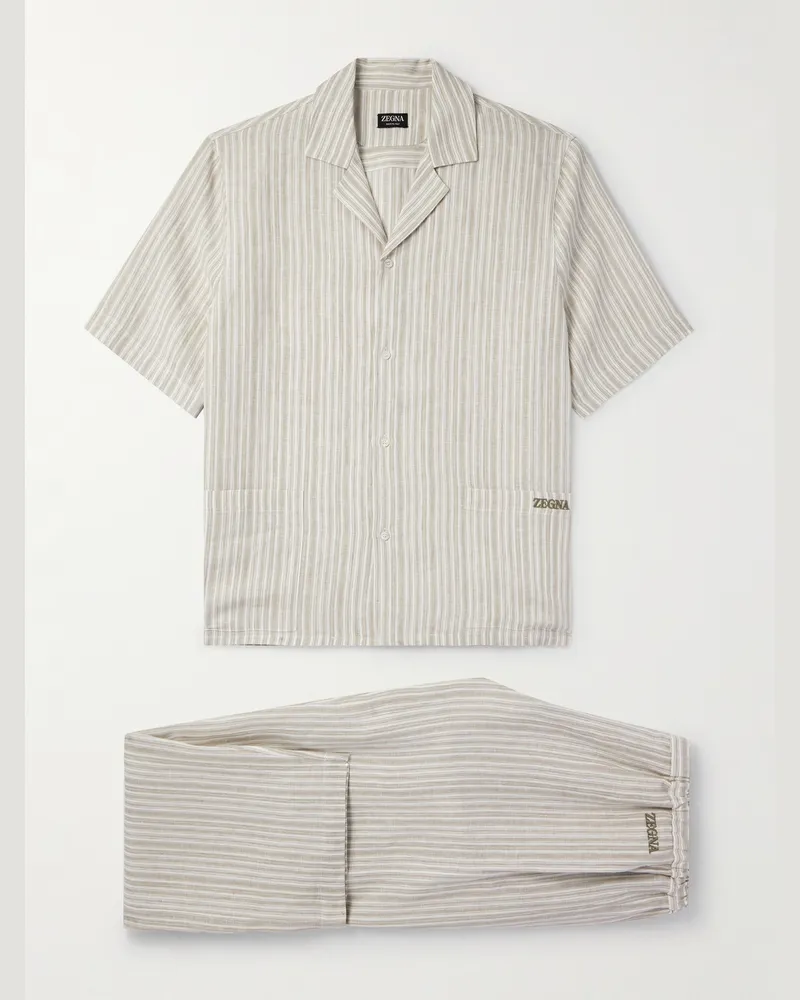 Ermenegildo Zegna Logo-Embroidered Striped Linen Pyjama Set Neutrals