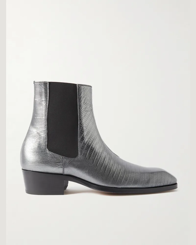 Tom Ford Tejus Bailey Chelsea Boots aus Metallic-Leder in Eidechsenoptik Grau