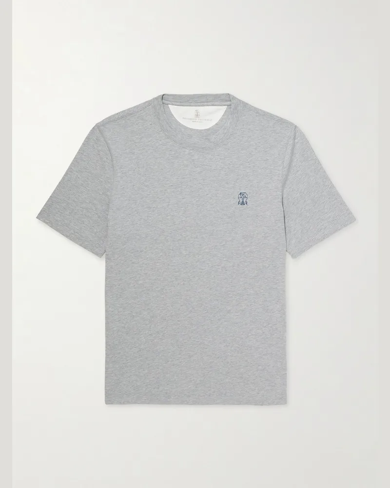 Brunello Cucinelli Mehrlagiges T-Shirt aus Baumwoll-Jersey mit Logoprint Grau