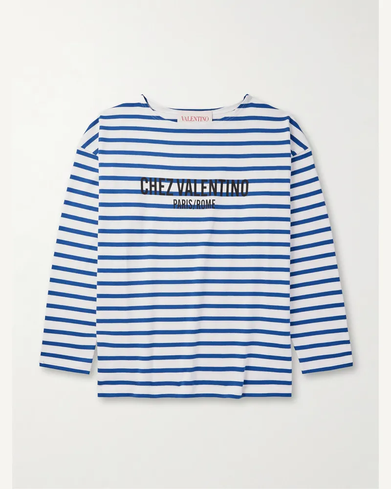 Valentino Garavani Gestreiftes Oberteil aus Baumwoll-Jersey mit Logoprint Blau