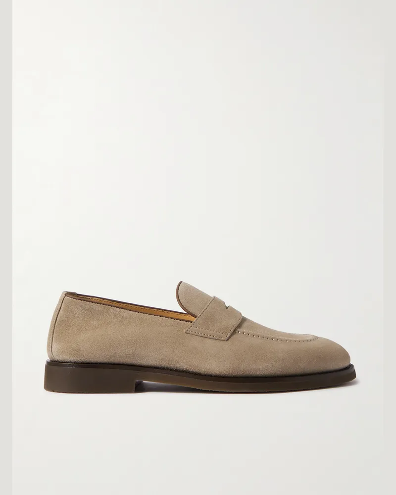 Brunello Cucinelli Pennyloafers aus Veloursleder mit Lederbesatz Braun