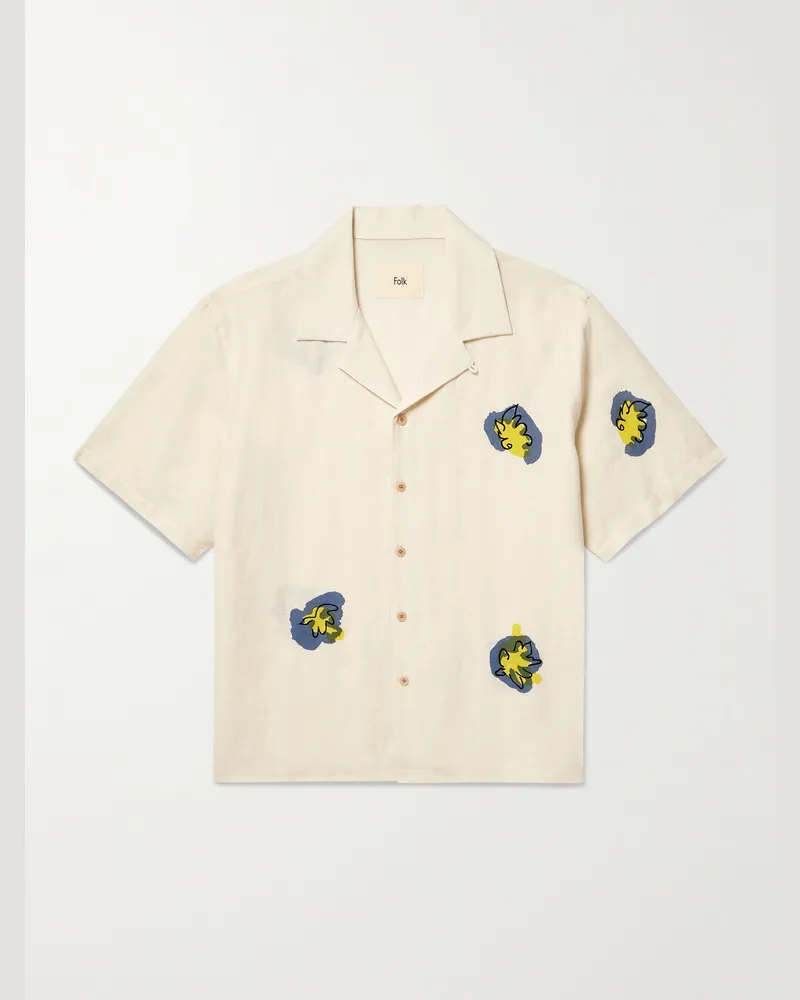 Folk Camp-Collar Printed Embroidered Linen and Cotton-Blend Shirt Neutrals