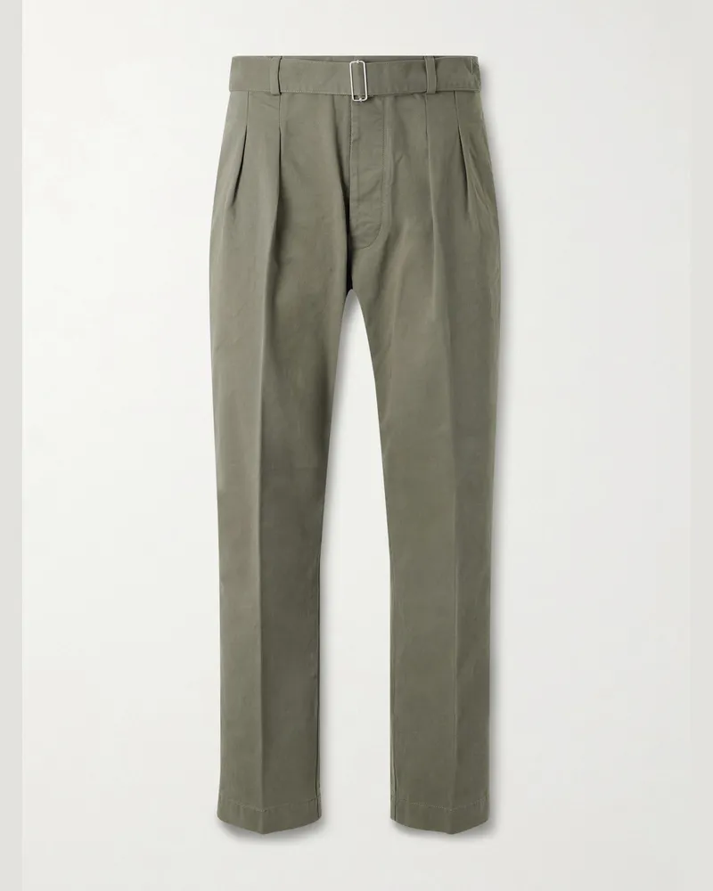 Officine Generale Evans Wide-Leg Belted Pleated Organic Cotton-Twill Chinos Green