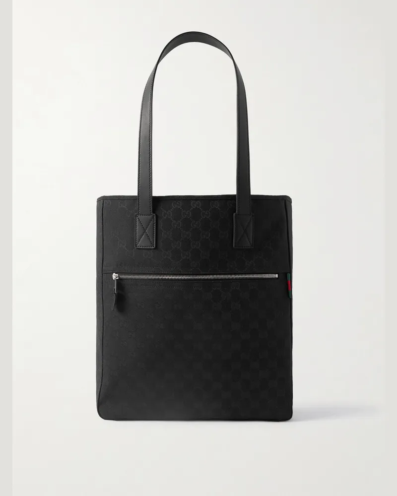 Gucci Neo Tote aus Leder und Baumwoll-Canvas mit Ripsband-Besatz und Logomuster Schwarz