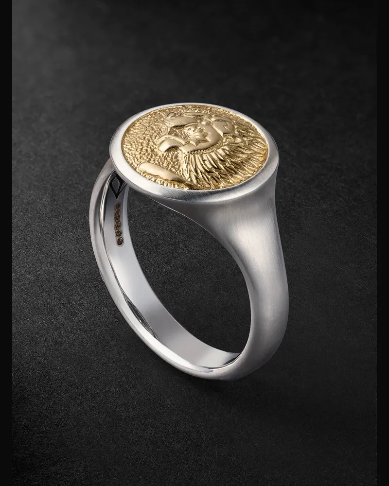 David Yurman Petrvs Lion Sterling Silver and 18-Karat Gold Pinky Ring Silver