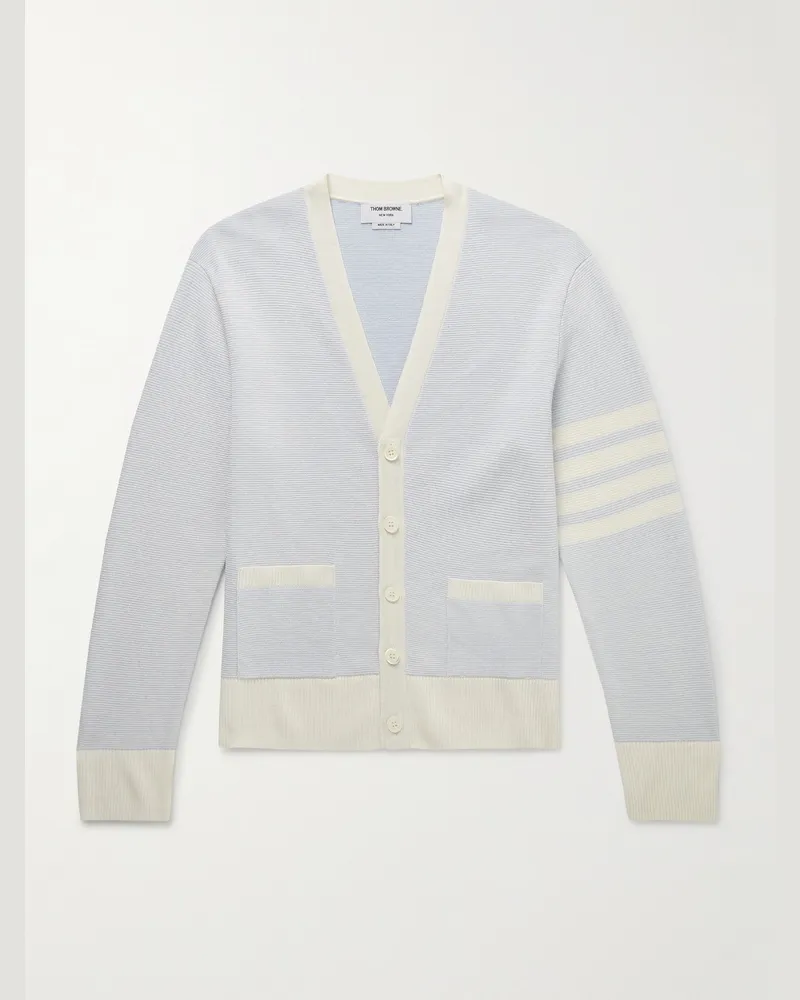 Thom Browne Schmal geschnittener Cardigan aus einer Leinen-Baumwollmischung mit Streifen Blau