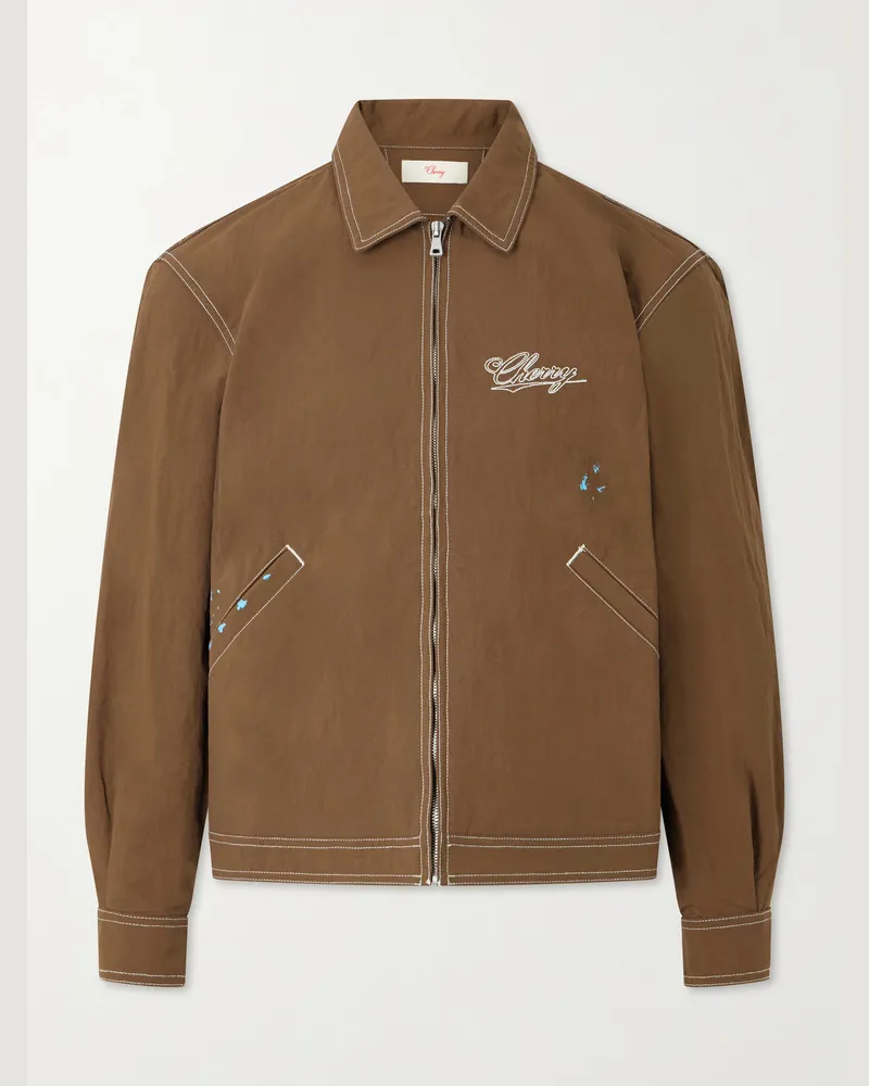 Cherry Los Angeles Logo-Embroidered Paint-Splattered Shell Jacket Brown