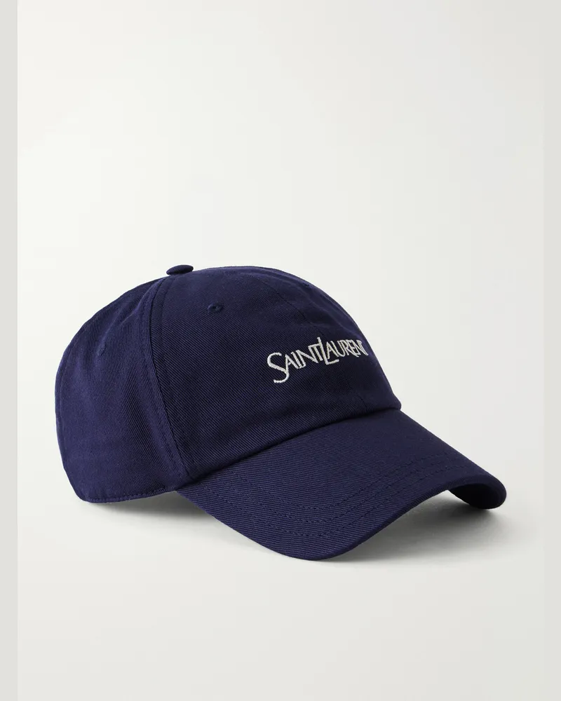 Saint Laurent Logo-Embroidered Cotton-Gabardine Cap Blue