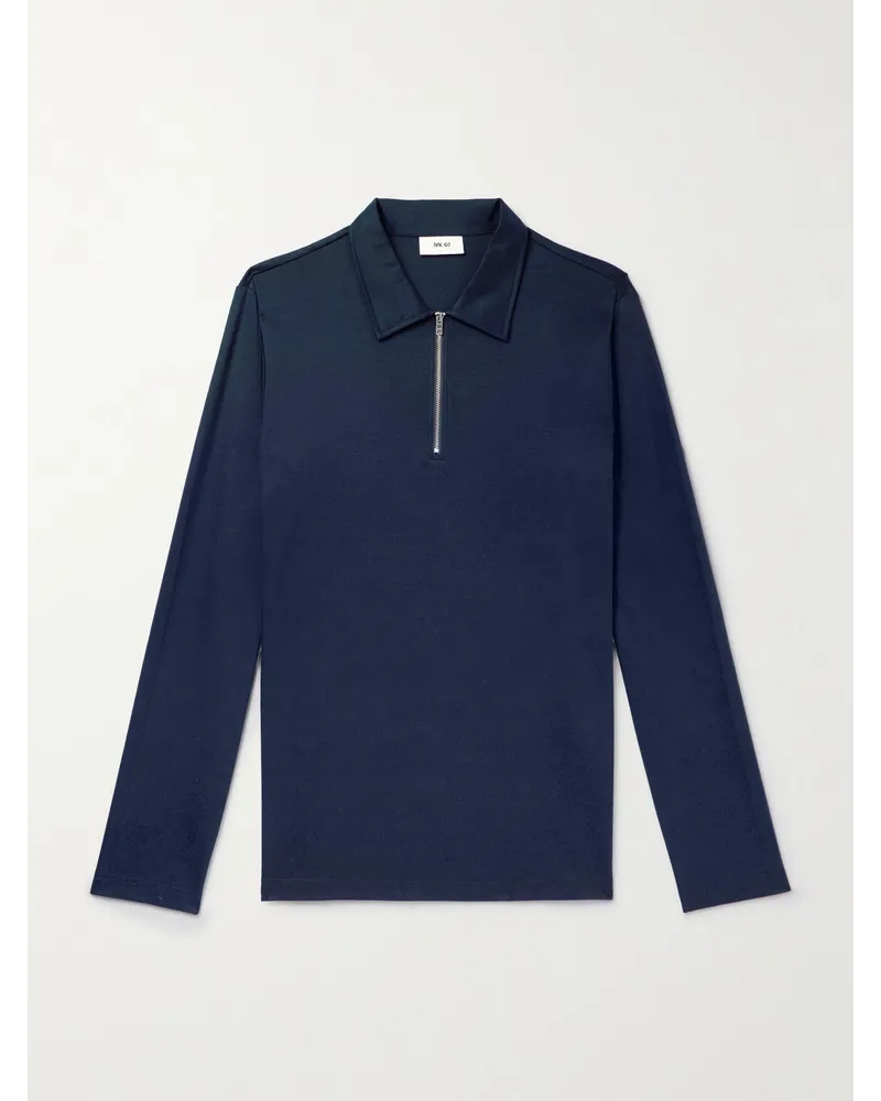 NN 07 Ross 3525 Sweatshirt aus Biobaumwoll-Jersey mit Polokragen und kurzem Reißverschluss Blau