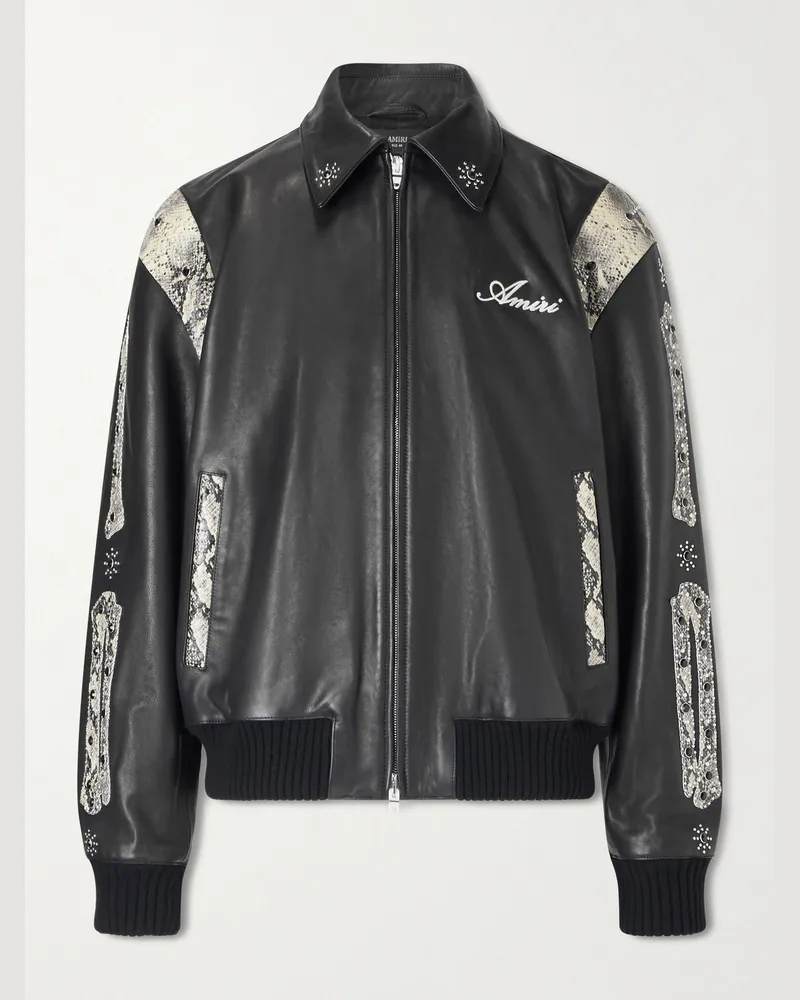 Amiri Bones Lederjacke mit Logostickerei, Nieten und Einsätzen mit Schlangeneffekt Schwarz