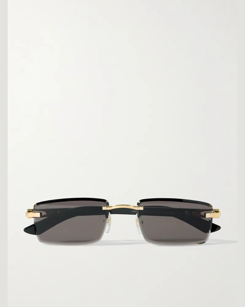 Cartier Signature Rectangular-Frame Rimless Acetate and Gold-Tone Sunglasses Black