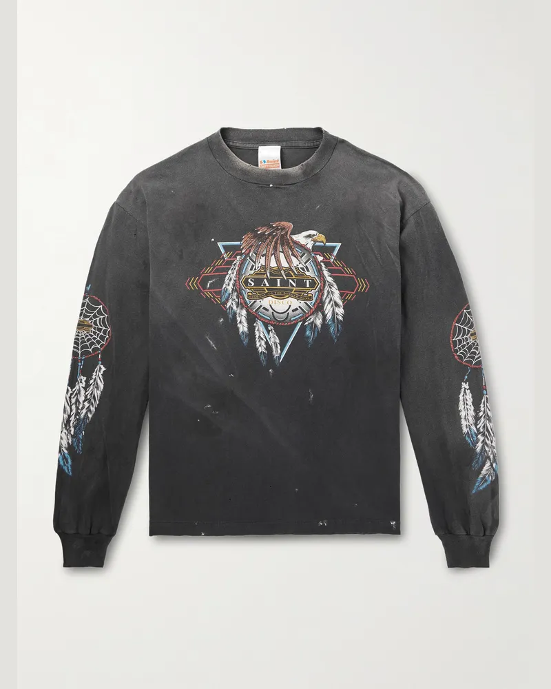 SAINT MXXXXXX TEFLON DISCO Distressed Printed Cotton-Jersey T-Shirt Black