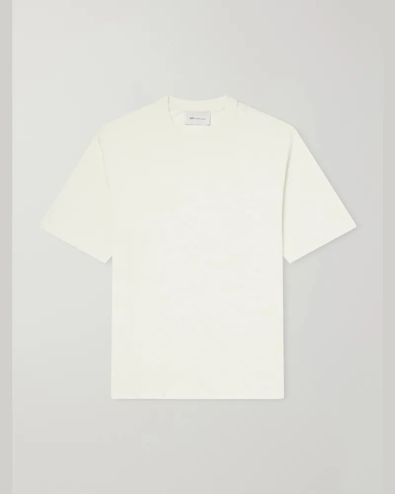 AMI Paris Logo-Embroidered Cotton-Jersey T-Shirt Neutrals