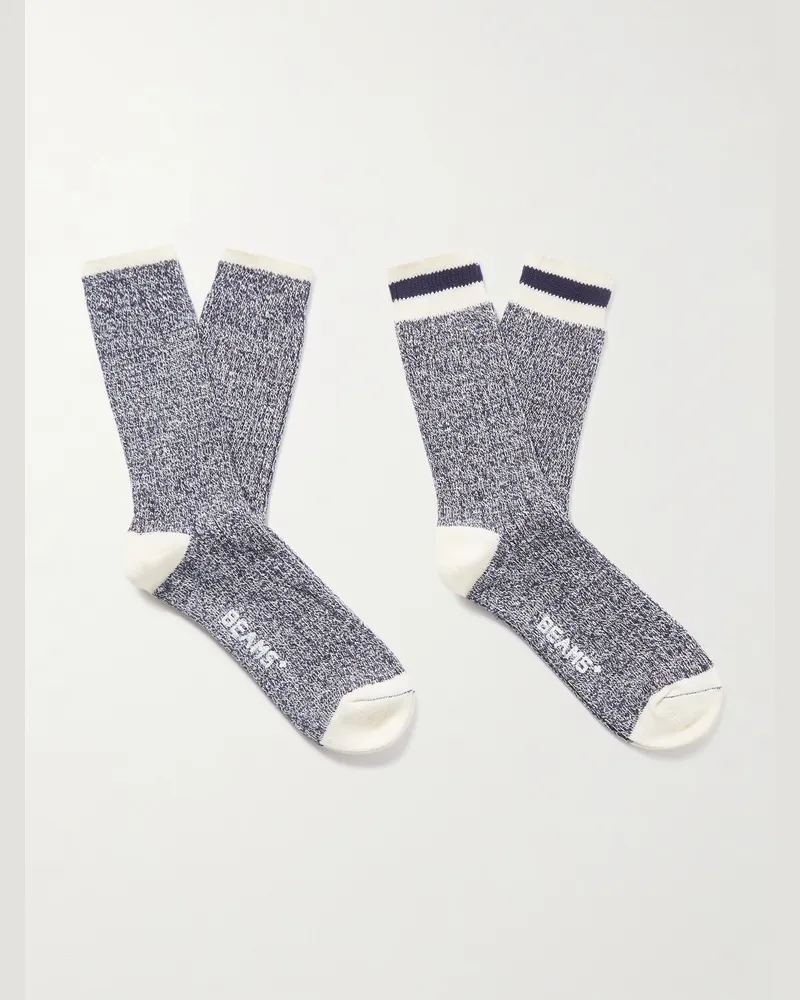 Beams Plus Rag Pack of Two Striped Ribbed Cotton-Blend Socks Blue
