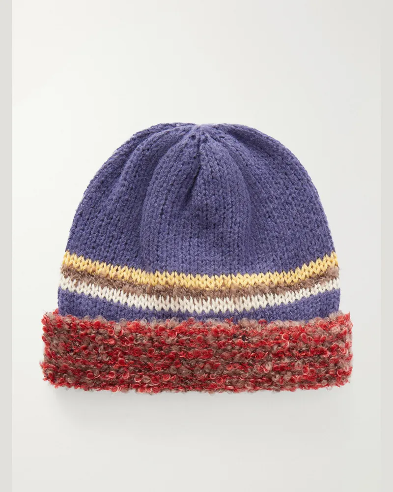 KAPITAL Bouclé-Trimmed Knitted Mélange Beanie Blue
