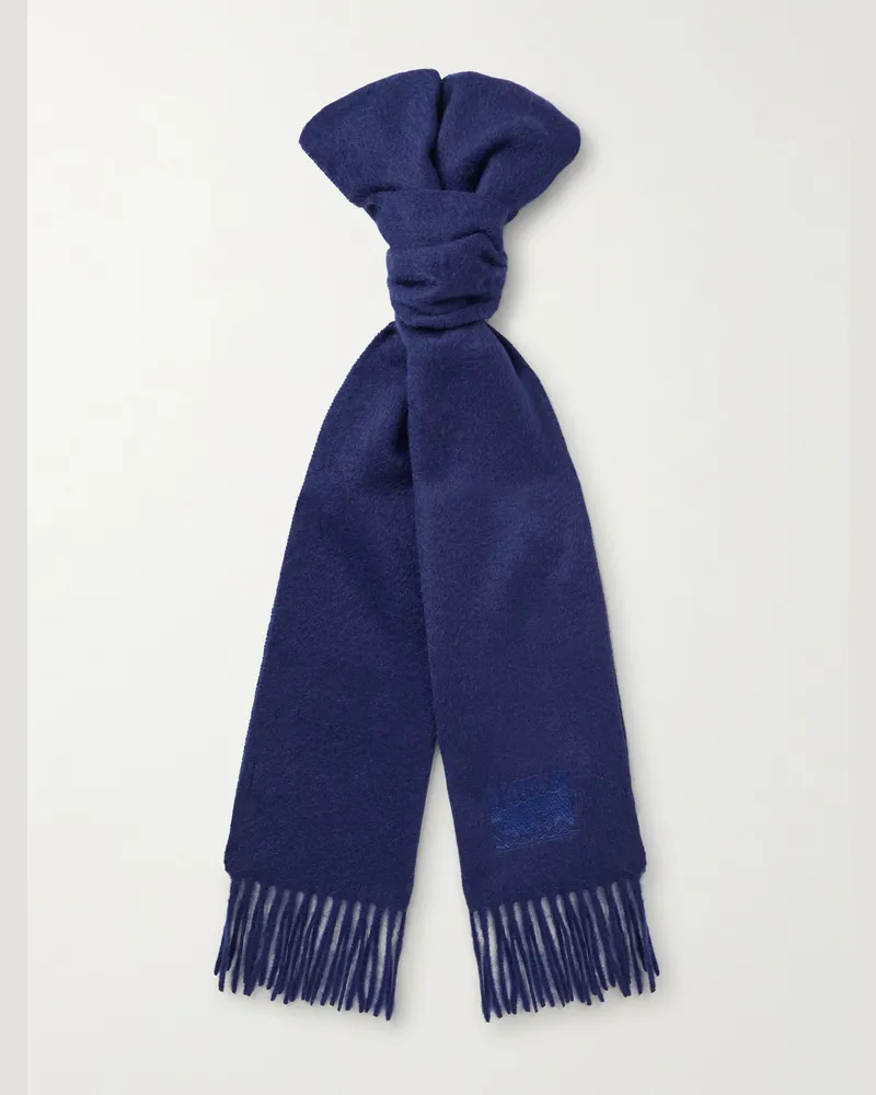 Paul Smith Logo-Embroidered Fringed Cashmere Scarf Blue
