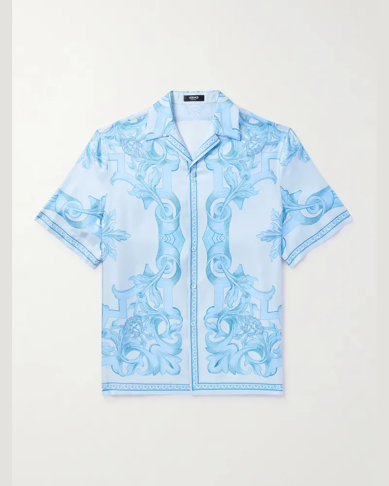 Versace Hemd aus bedrucktem Seiden-Twill mit Reverskragen Blau