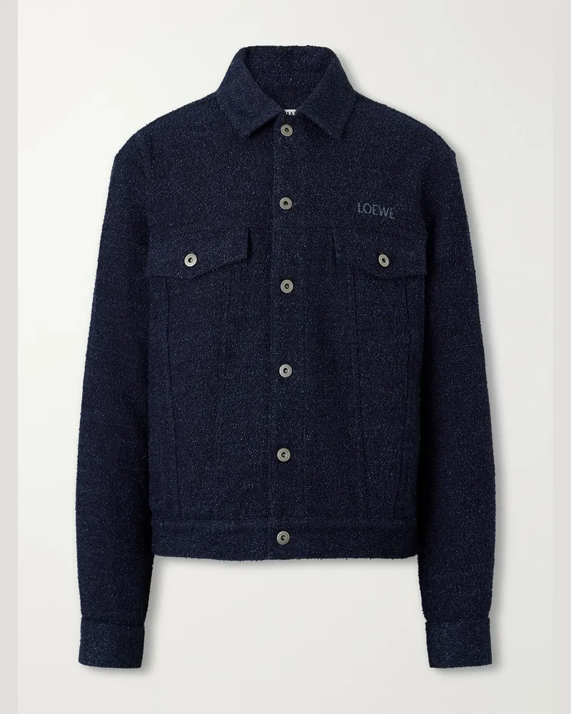 Loewe Logo-Embroidered Textured Denim Jacket Blue