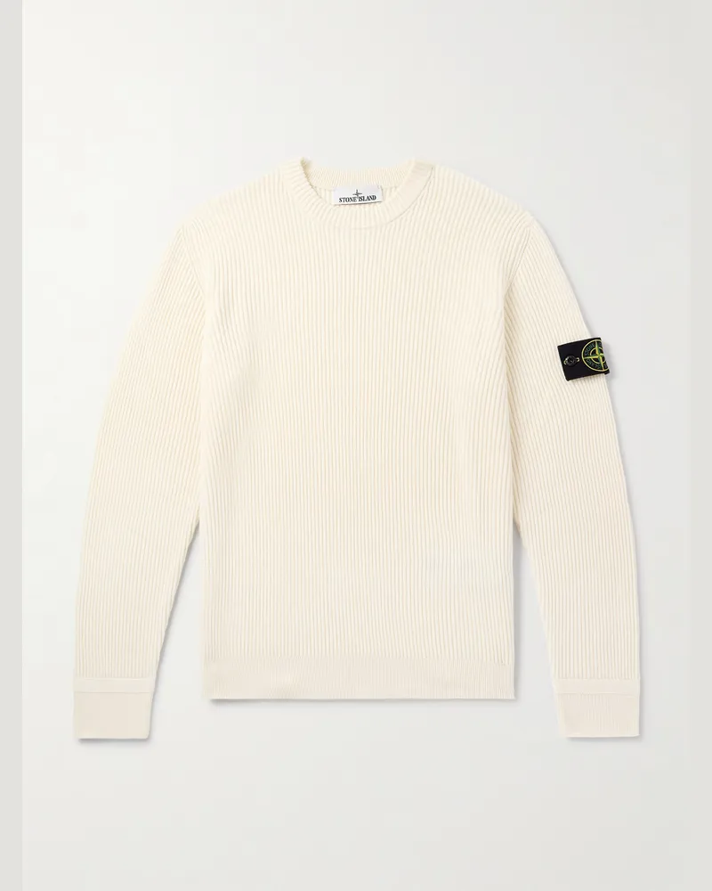 Stone Island Rippstrickpullover aus Wolle mit Logoapplikation Neutral