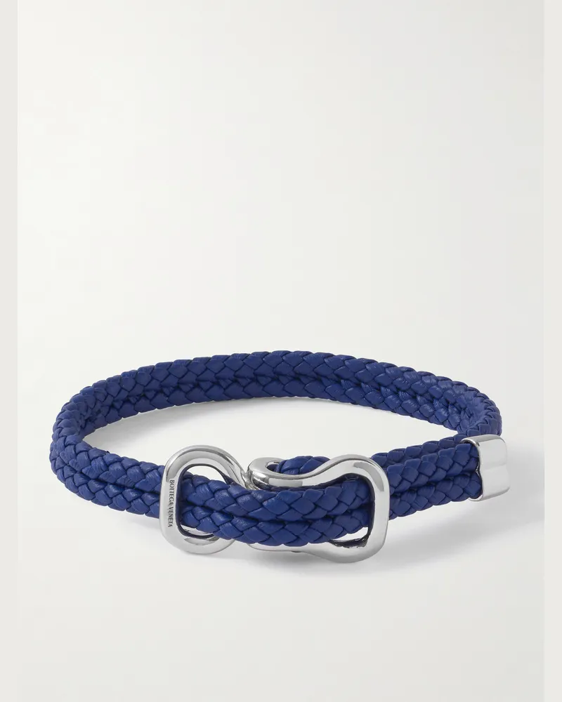 Bottega Veneta Braided Leather and Sterling Silver Bracelet Blue