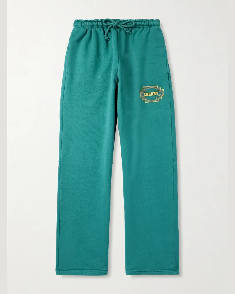 Cherry Los Angeles Navajo Straight-Leg Logo-Embroidered Cotton-Jersey Sweatpants Blue