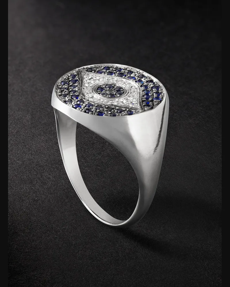 Ileana Makri Little Dawn Chevalier Ring aus 18 Karat Weißgold mit Saphiren und Diamanten Silber