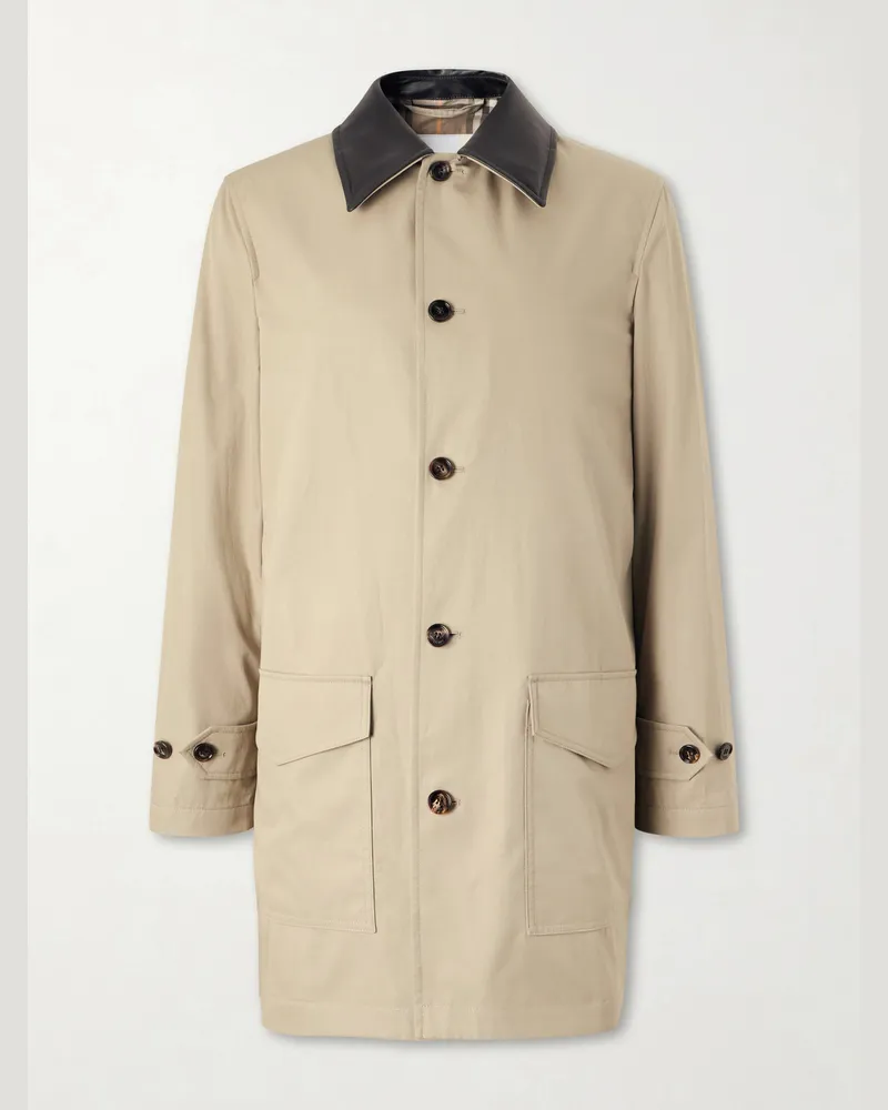 Burberry Leather-Trimmed Cotton-Gabardine Trench Coat Neutrals