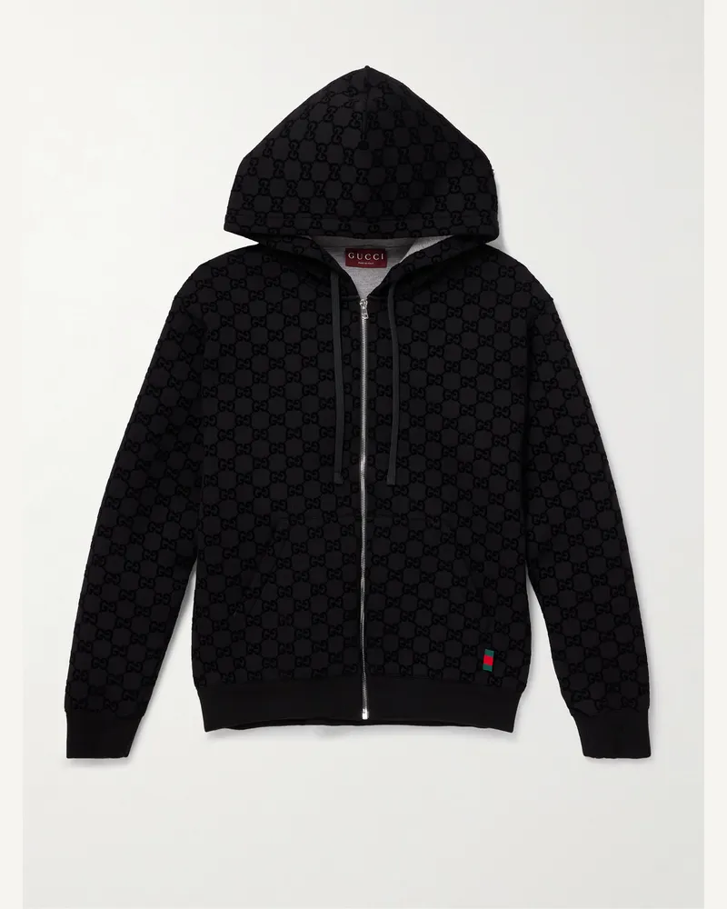 Gucci Logo-Flocked Jersey Zip-Up Hoodie Black