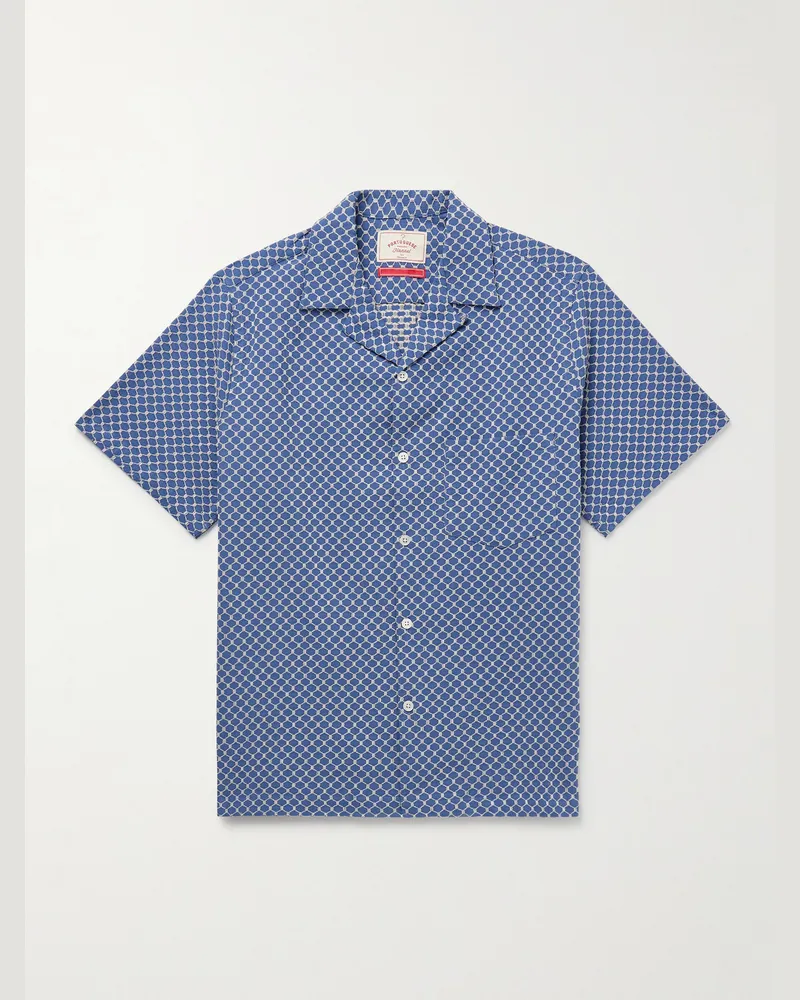 Portuguese Flannel Convertible-Collar Cotton-Blend Jacquard Shirt Blue