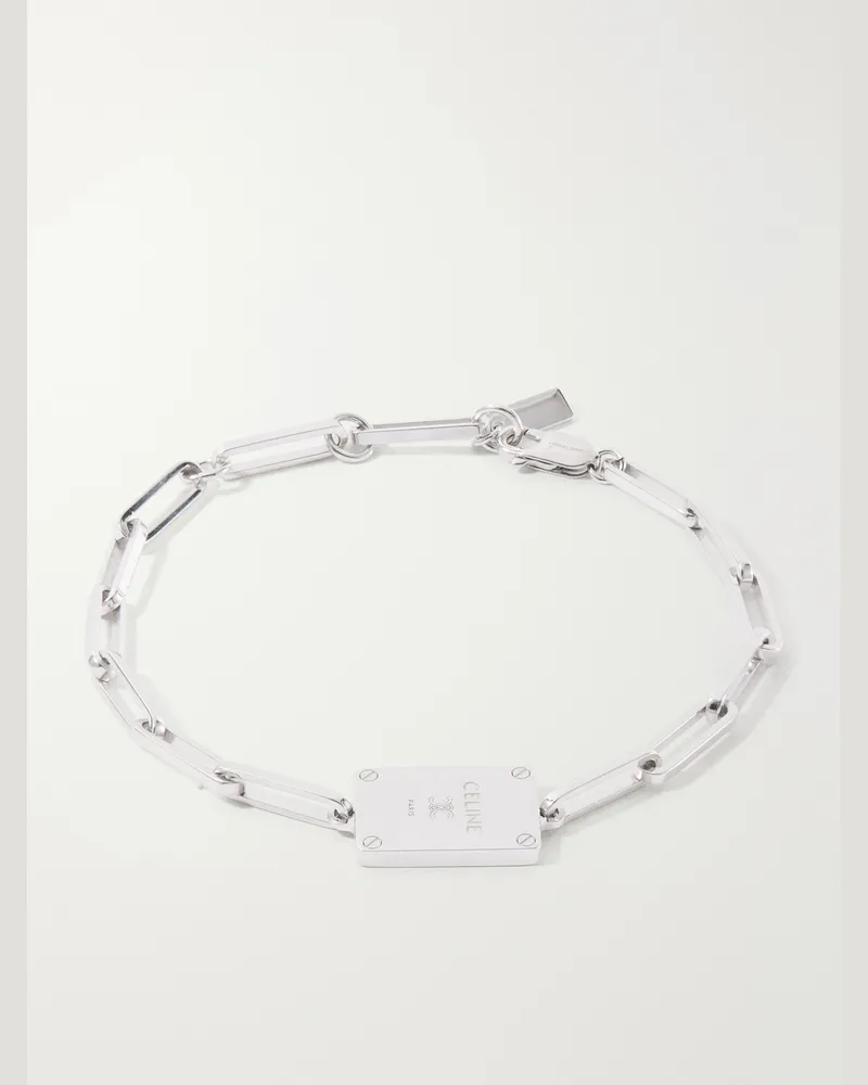Celine Tag Logo-Embossed Silver-Tone Bracelet Silver