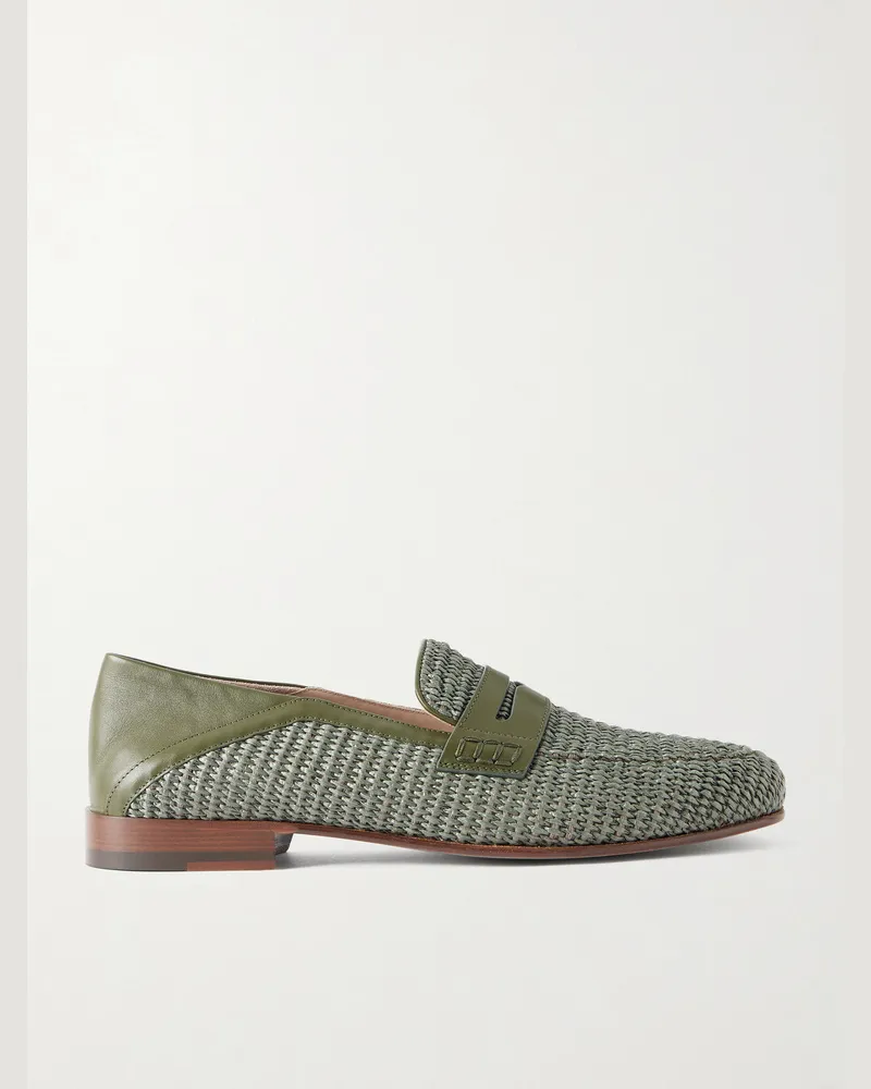 Manolo Blahnik Padstow Collapsible-Heel Leather-Trimmed Raffia Loafers Green
