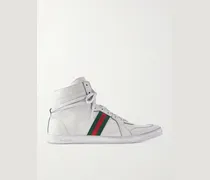 Distressed Webbing-Trimmed Leather High-Top Sneakers