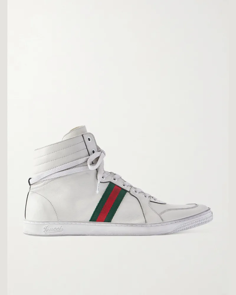 Gucci Distressed Webbing-Trimmed Leather High-Top Sneakers White