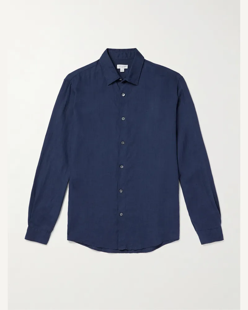 Sunspel Hemd aus Leinen Blau